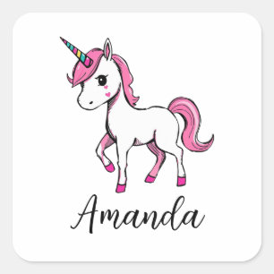 Name des niedlichen rosa Einhorn-Cartoon Quadratischer Aufkleber