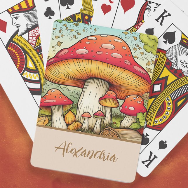 Name des niedlichen Rotmuskels Spielkarten (Cute red mushrooms playing cards personalized with your name.)