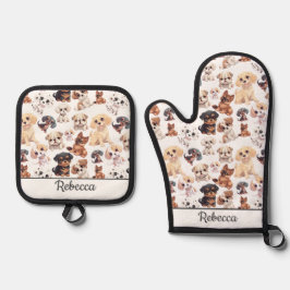 Name des niedlichen Welpen-Hundes Ofenhandschuh & Topflappen-Set