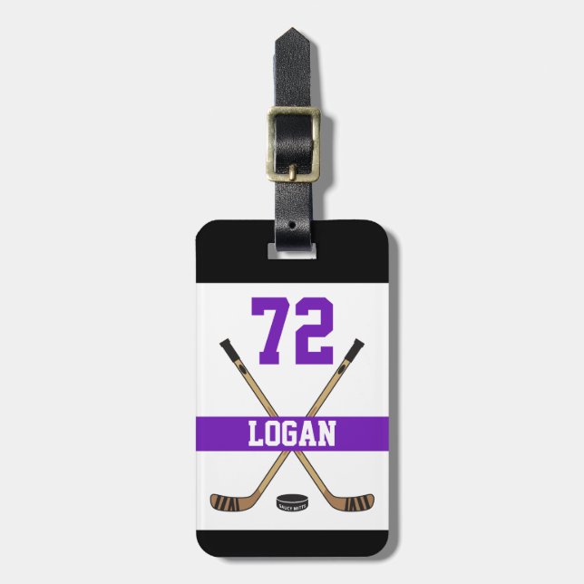 Name des personalisierten Hockey-Spielers Lila Gepäckanhänger (Vorderseite vertikal)