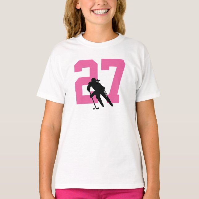 Name des personalisierten Hockey-Spielers PInk T-Shirt (Vorderseite)