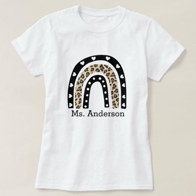 Name des personalisierten Leopard-Regenbogenlehrer T-Shirt (Design vorne)