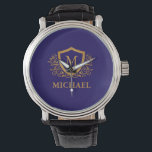 Name des Personalisierten Monogramms für Navy Blue Armbanduhr<br><div class="desc">Navy Blue und Gold Personalisiert Stylish Monogram Name. Für weitere Anpassungen klicken Sie bitte auf die Schaltfläche "Anpassen" und verwenden Sie unser Designwerkzeug, um diese Vorlage zu ändern.</div>