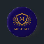 Name des Personalisierten Monogramms für Navy Blue Button<br><div class="desc">Navy Blue und Gold Personalisiert Stylish Monogram Name. Für weitere Anpassungen klicken Sie bitte auf die Schaltfläche "Anpassen" und verwenden Sie unser Designwerkzeug,  um diese Vorlage zu ändern.</div>