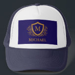 Name des Personalisierten Monogramms für Navy Blue Truckerkappe<br><div class="desc">Navy Blue und Gold Personalisiert Stylish Monogram Name. Für weitere Anpassungen klicken Sie bitte auf die Schaltfläche "Anpassen" und verwenden Sie unser Designwerkzeug,  um diese Vorlage zu ändern.</div>