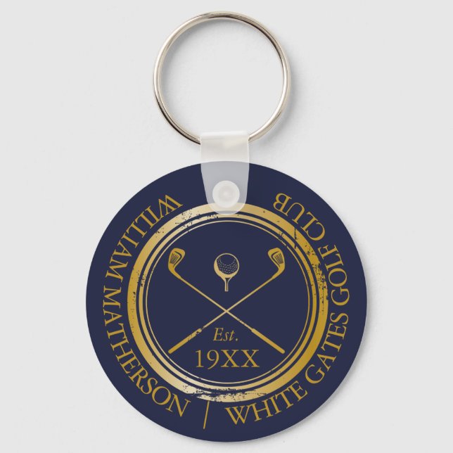 Name des personalisierten Navy Blue and Gold Golf  Schlüsselanhänger (Vorderseite)