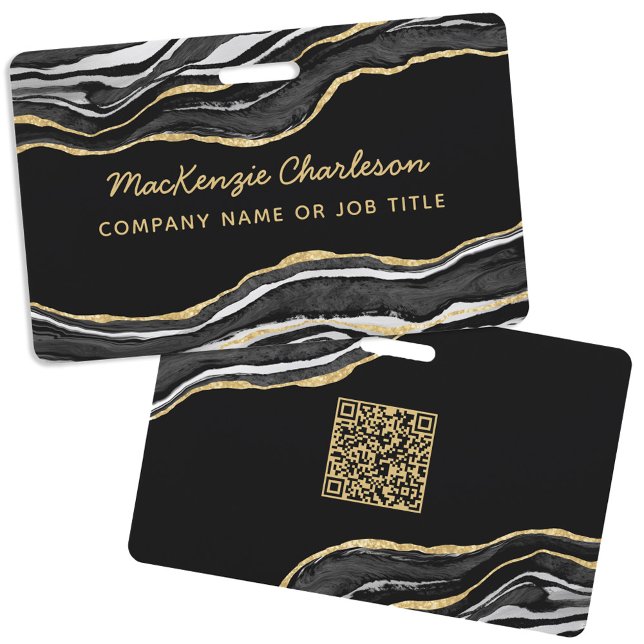 Name des QR-Codes für den Black Marble Agate Geode Ausweis (Black marble agate geode gold glitter effect business name badge with QR code)