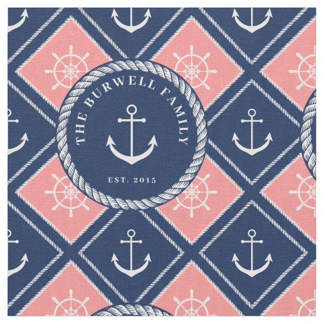 Name des Radmusters des rosa Navy-Anker-Schiffs Stoff (Nahaufnahme)