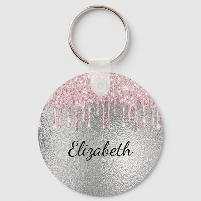 Name des rosa Glitzer Tropfen Monogramm Schlüsselanhänger (Vorderseite)