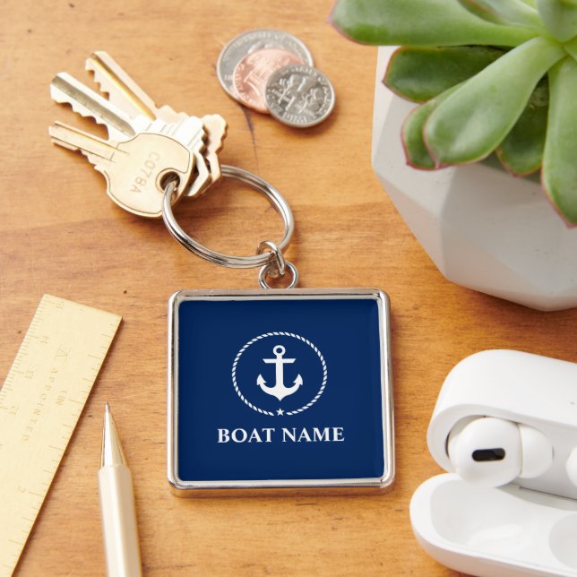 Name des Schiffes Anchor Rope Navy Blue Square Schlüsselanhänger (Schreibtisch)