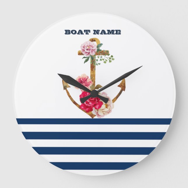 Name des Schiffes, Anker, Blauer Navy Streifen Große Wanduhr (Vorderseite)