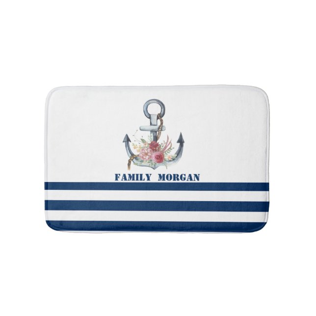 Name des Schiffes, Anker Blume Navy Blue Streifen Badematte (Vorderseite)