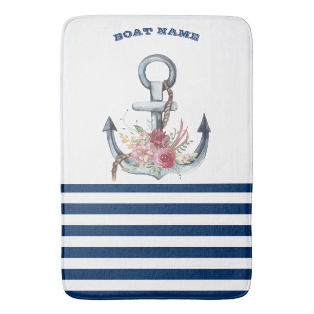 Name des Schiffes, Anker Blume Navy Blue Streifen Badematte (Vorderseite Vertikal)