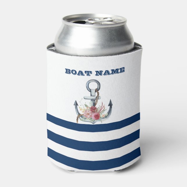 Name des Schiffes, Anker Blume Navy Blue Streifen Dosenkühler (Kanne Vorderseite)