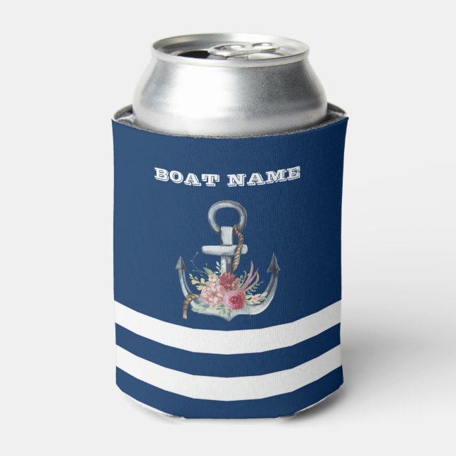 Name des Schiffes,Anker Blume Navy Blue Streifen Dosenkühler (Kanne Vorderseite)