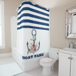 Name des Schiffes, Anker Blume Navy Blue Streifen Duschvorhang