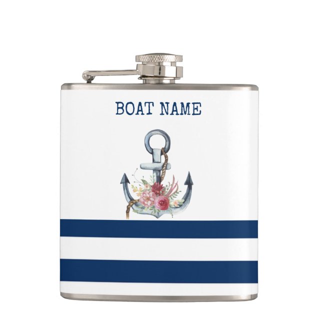 Name des Schiffes, Anker Blume Navy Blue Streifen Flachmann (Vorderseite)