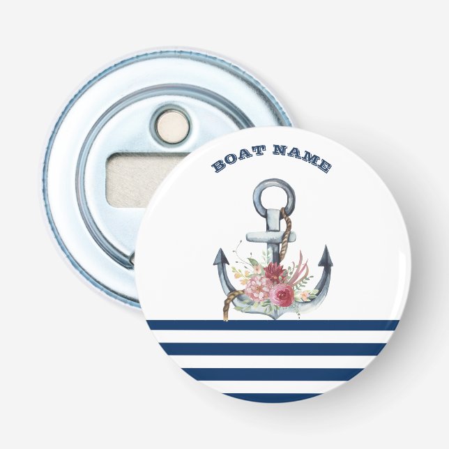 Name des Schiffes, Anker Blume Navy Blue Streifen Flaschenöffner (Vorderseite)