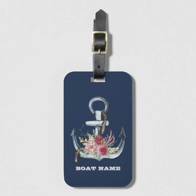 Name des Schiffes,Anker Blume Navy Blue Streifen Gepäckanhänger (Vorderseite Vertikal)