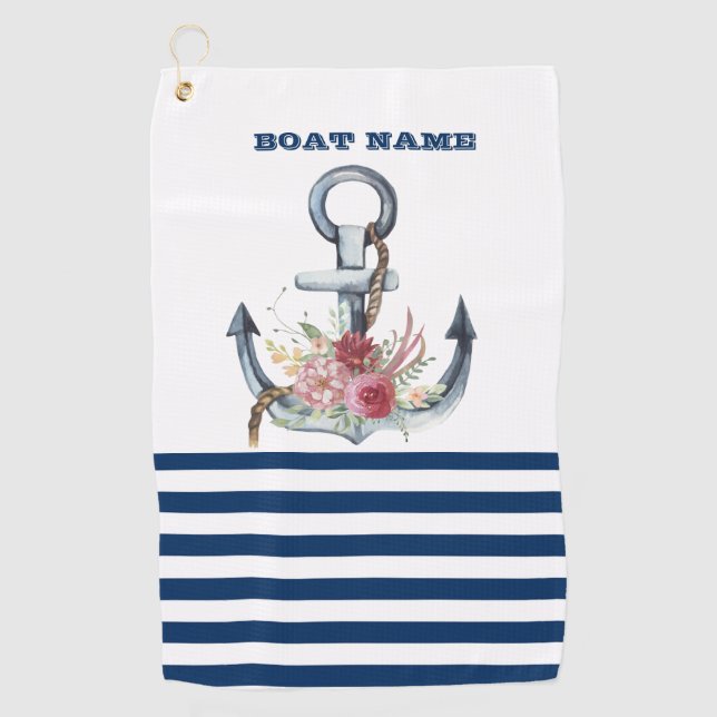 Name des Schiffes, Anker Blume Navy Blue Streifen Golfhandtuch (Vorderseite)