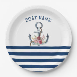 Name des Schiffes, Anker Blume Navy Blue Streifen Pappteller