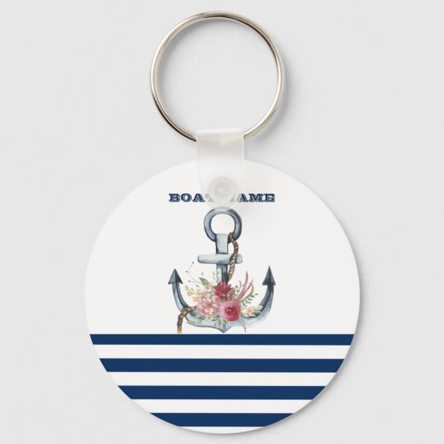Name des Schiffes, Anker Blume Navy Blue Streifen Schlüsselanhänger (Vorderseite)