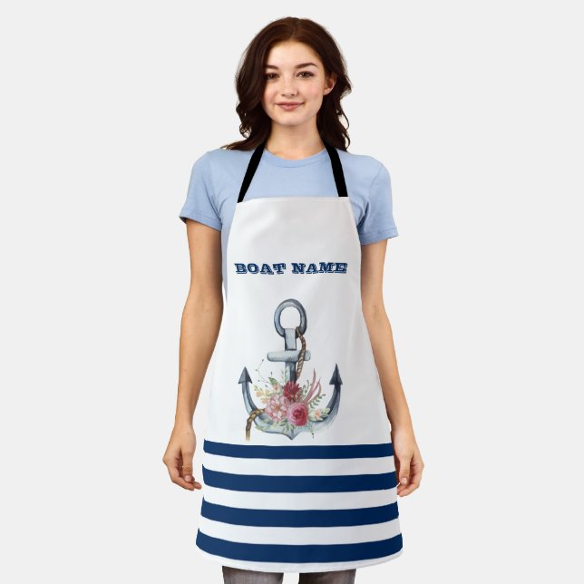 Name des Schiffes, Anker Blume Navy Blue Streifen Schürze (Getragen)