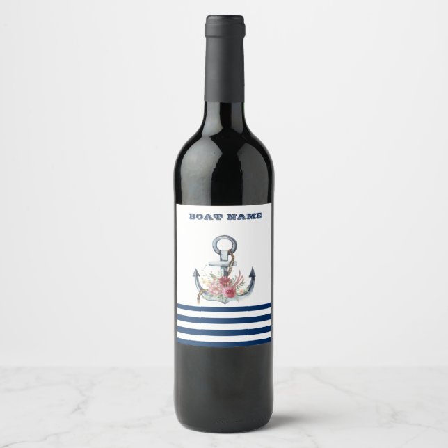 Name des Schiffes, Anker Blume Navy Blue Streifen Weinetikett (Vorderseite)