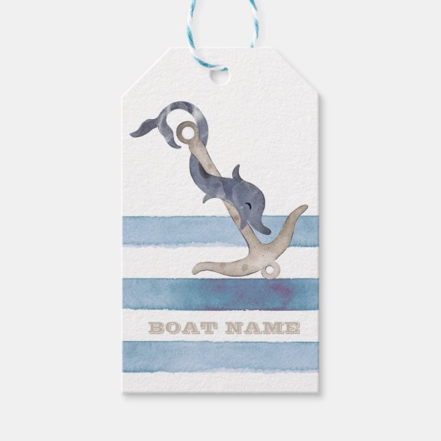 Name des Schiffes, Anker Delphin Light Blue Streif Geschenkanhänger (Vorderseite)