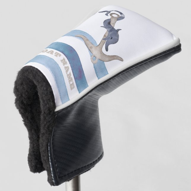 Name des Schiffes, Anker Delphin Light Blue Streif Golf Headcover (3/4 Vorderseite)