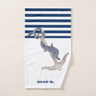 Name des Schiffes, Anker Delphin Navy Blue Strip Badhandtuch Set