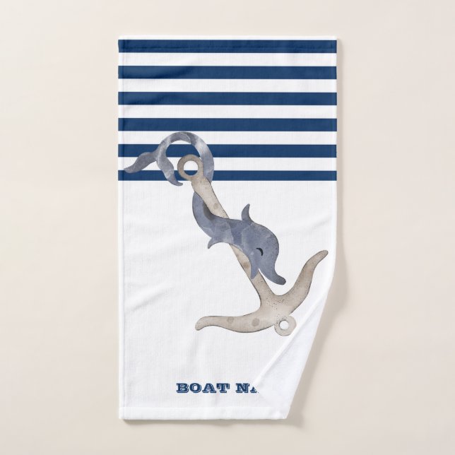 Name des Schiffes, Anker Delphin Navy Blue Strip Badhandtuch Set (Handtuch)