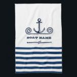 Name des Schiffes, Anker, Seil, Blaue Streifen der Geschirrtuch<br><div class="desc">Dieses Bild zeigt einen Bootsnamen und einen Anker auf einem marineblau-blau-weiß gestreiften Hintergrund.</div>