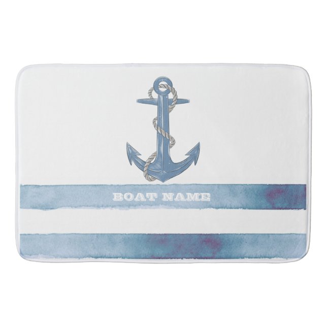 Name des Schiffes, Anker, Seile, Blaue Streifen Badematte (Vorderseite)