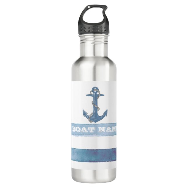 Name des Schiffes, Anker, Seile, Blaue Streifen Edelstahlflasche (Vorderseite)