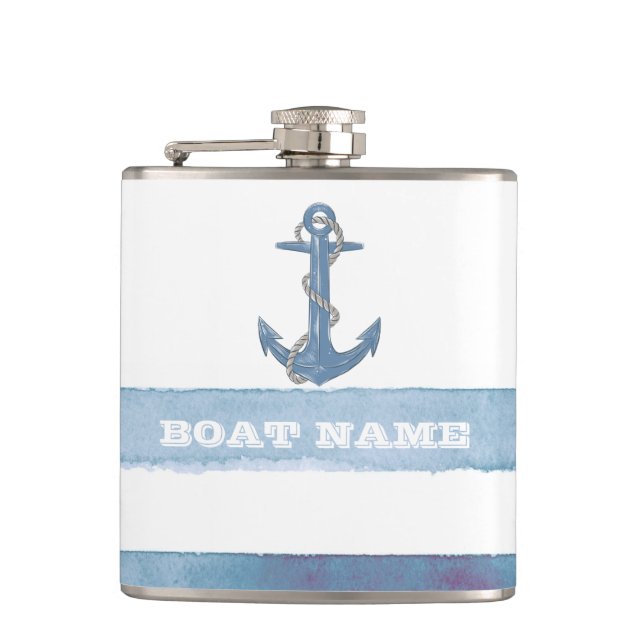 Name des Schiffes, Anker, Seile, Blaue Streifen Flachmann (Vorderseite)
