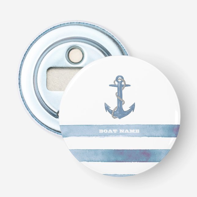 Name des Schiffes, Anker, Seile, Blaue Streifen Flaschenöffner (Vorderseite)