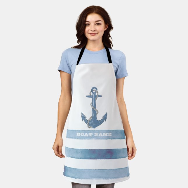 Name des Schiffes, Anker, Seile, Blaue Streifen Schürze (Getragen)