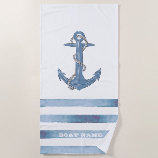 Name des Schiffes, Anker, Seile, Blaue Streifen Strandtuch (Vorderseite)