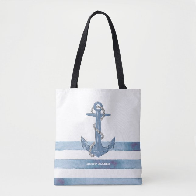 Name des Schiffes, Anker, Seile, Blaue Streifen Tasche (Vorderseite)