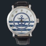 Name des Schiffes, Ankernacht blau gestreift Armbanduhr<br><div class="desc">Anker auf marineblau Hintergrund. Personalisieren Sie den Namen für sich selbst oder als niedliche Geschenkidee.</div>