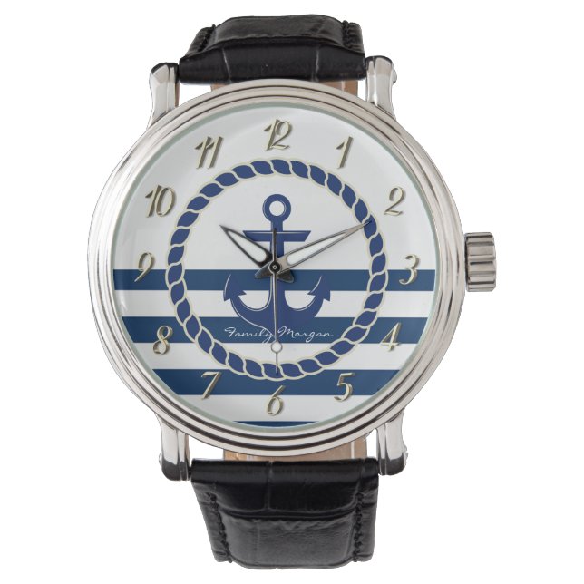 Name des Schiffes, Ankernacht blau gestreift Armbanduhr (Vorderseite)