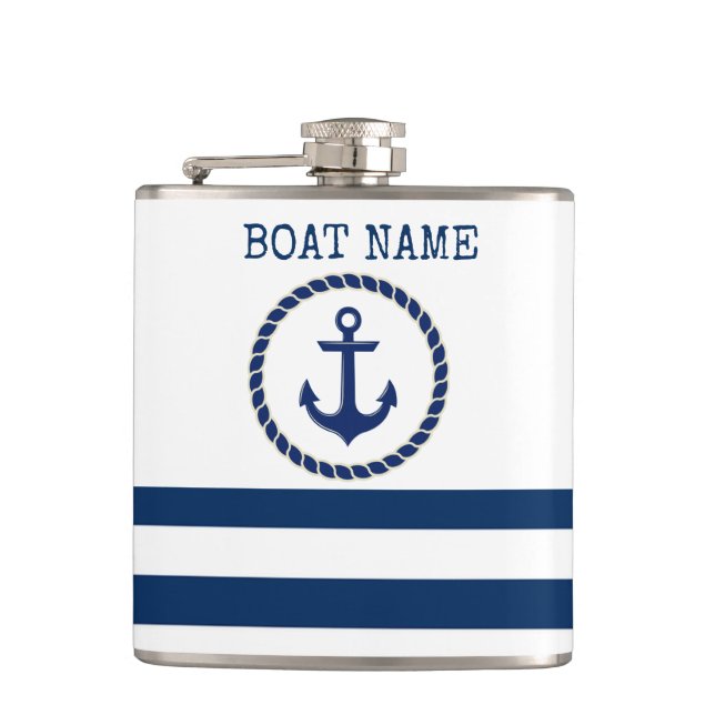 Name des Schiffes, Ankernacht blau gestreift Flachmann (Vorderseite)