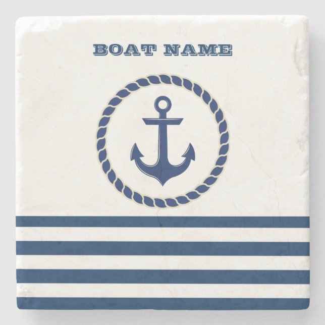 Name des Schiffes, Ankernacht blau gestreift Steinuntersetzer (Vorderseite)