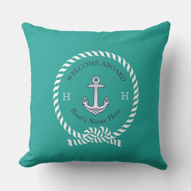 Name des Schiffes Ankerseil Aquamarin Blue Willkom Kissen (Vorderseite)