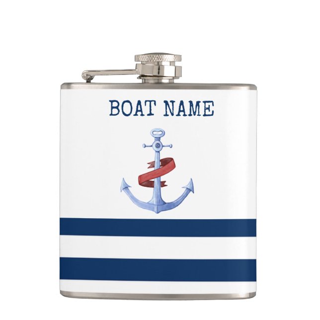 Name des Schiffes, Blaue Ankernacht, blau gestreif Flachmann (Vorderseite)