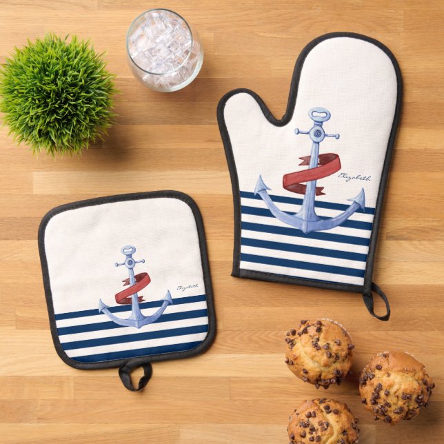 Name des Schiffes, Blaue Ankernacht, blau gestreif Ofenhandschuh & Topflappen-Set (Oben Unten)