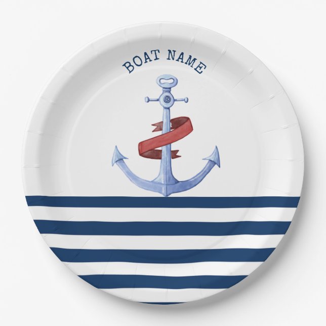 Name des Schiffes, Blaue Ankernacht, blau gestreif Pappteller (Vorderseite)