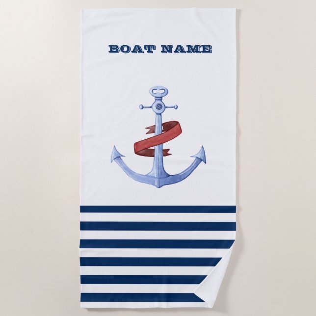 Name des Schiffes, Blaue Ankernacht, blau gestreif Strandtuch (Vorderseite)