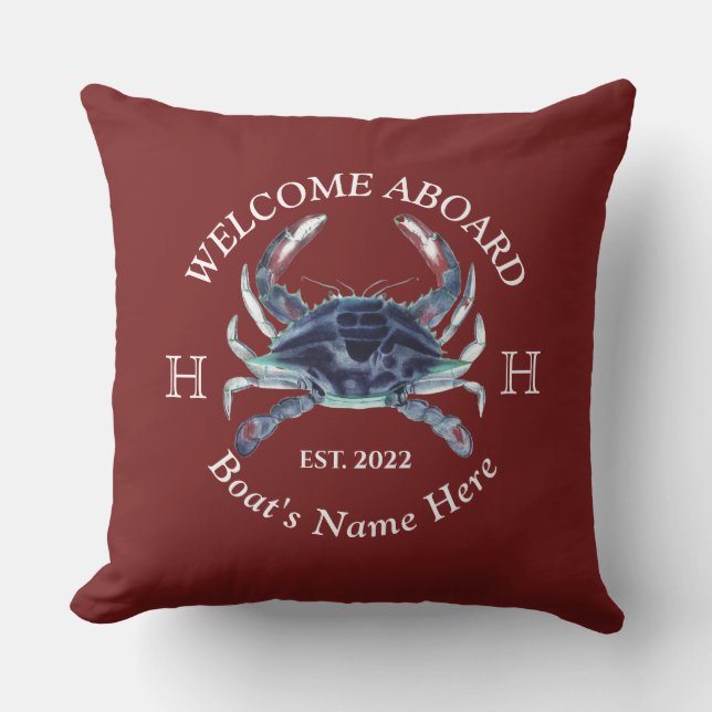 Name des Schiffes Blue Crab Willkommen Burgundy Re Kissen (Vorderseite)
